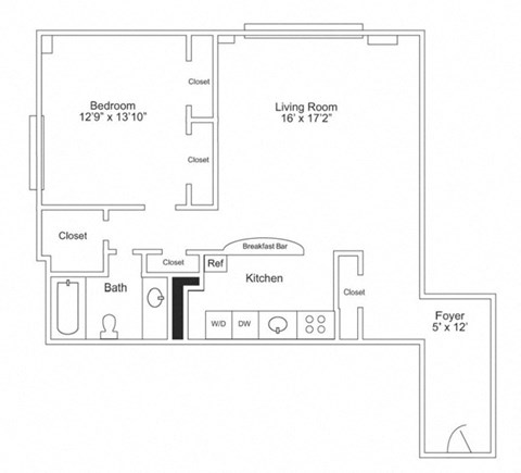 Floor plan for 1 bed, 1 bath, 844 sqft
